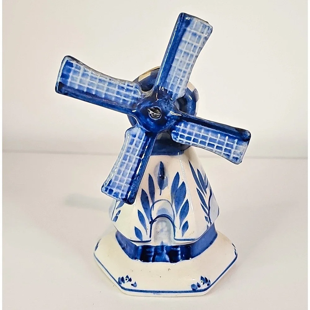 Hand Blue Ceramic Windmill Bell Figurine Blue White Striped 1970s Holland